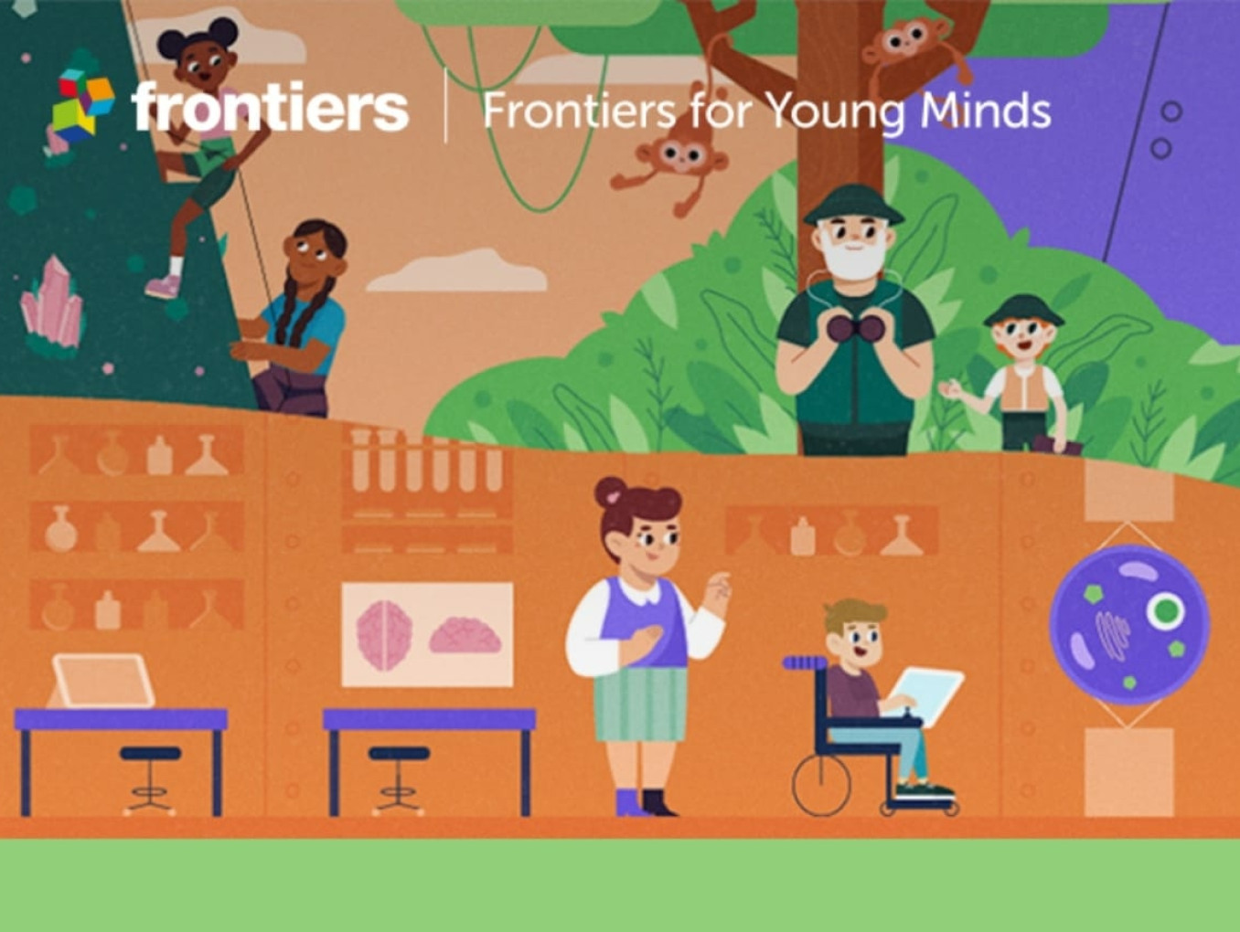An illustration of kid and adult playing in mountain and classroom
