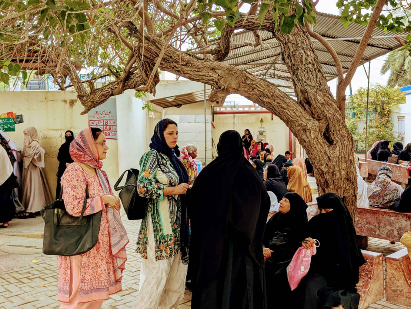 A group of women talking under a tree