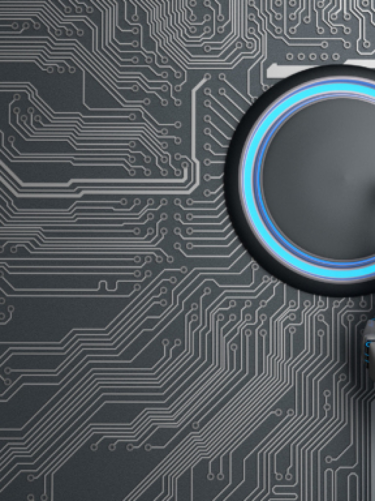 A futuristic robotic hand, predominantly white with blue accents and visible internal mechanisms, is shown with its index finger pressing a large, circular black button that has a glowing blue ring around its perimeter. The background is a dark grey surface covered with a detailed white circuit board pattern, reinforcing the technological theme.