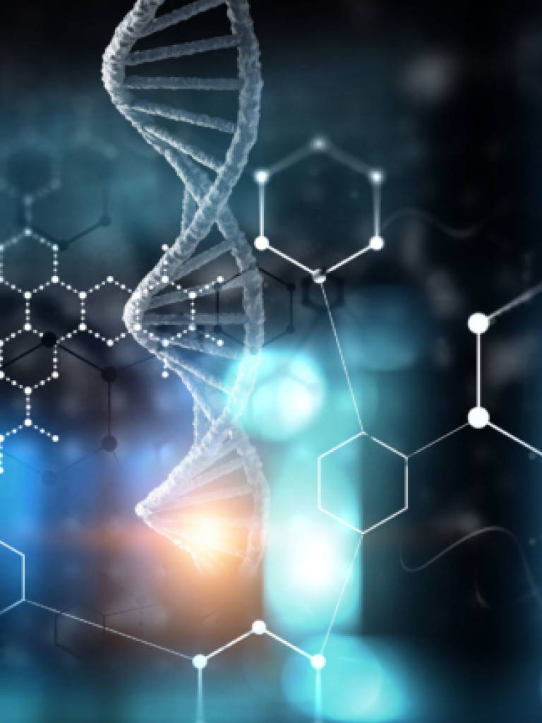 A visually dynamic abstract image combining elements of biology and chemistry. A prominent, translucent 3D double helix structure, representing DNA, twists vertically in the center. Surrounding it are interconnected hexagonal shapes and dots, forming a molecular or network-like pattern. The background is dark and blurred, with streaks of blue and white light, along with an orange glow near the bottom, creating a sense of depth and scientific wonder.