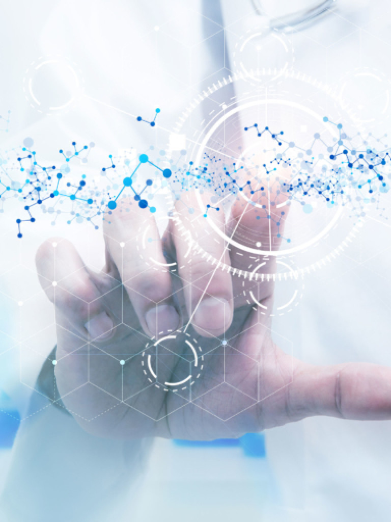 A human hand, possibly a doctor or scientist given the white coat in the blurred background, is reaching forward as if interacting with a holographic display. Overlaid on the image is a complex network of blue and white interconnected dots and lines, resembling molecular structures or a data network. Several circular, abstract graphic elements with dashed lines and gear-like patterns are also visible, suggesting technology and innovation.