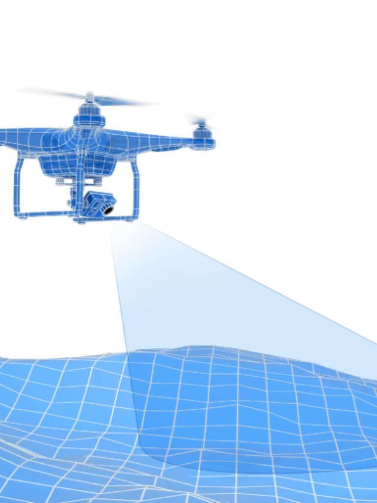 A digitally rendered image features a blue wireframe drone hovering over a blue wireframe landscape, suggesting a 3D mapping or surveying application. The drone has four propellers and a camera gimbal beneath it, from which a light blue, transparent cone-shaped beam projects onto the terrain, indicating data collection or scanning. The background is plain white, emphasizing the drone and the mapped landscape.