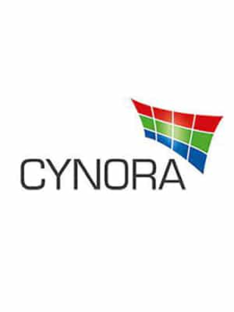 Cynora logo with a three colored shape that's divided into three rows: the first one is red, the second green, the bottom/third is blue