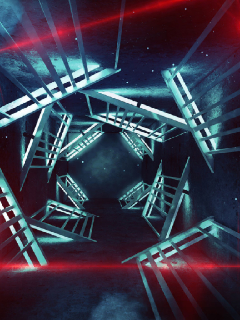 An abstract, futuristic image depicting a dark, confined space with glowing blue-green geometric structures forming a tunnel or pathway, possibly a representation of a microfluidic channel or a data pathway. Bright red laser-like beams crisscross the space, illuminating small red orbs at their intersections. The background has a dark, dusty, or smoky texture with scattered light points resembling stars.