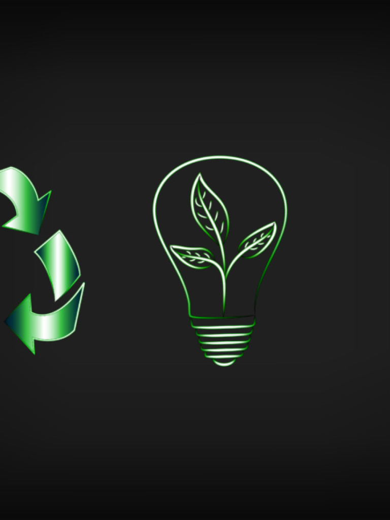 three green sketched symbols on a black background: recycling, a lightbulb with a three leaved plant sprout inside and a battery devided into three equal parts fading two black at the top