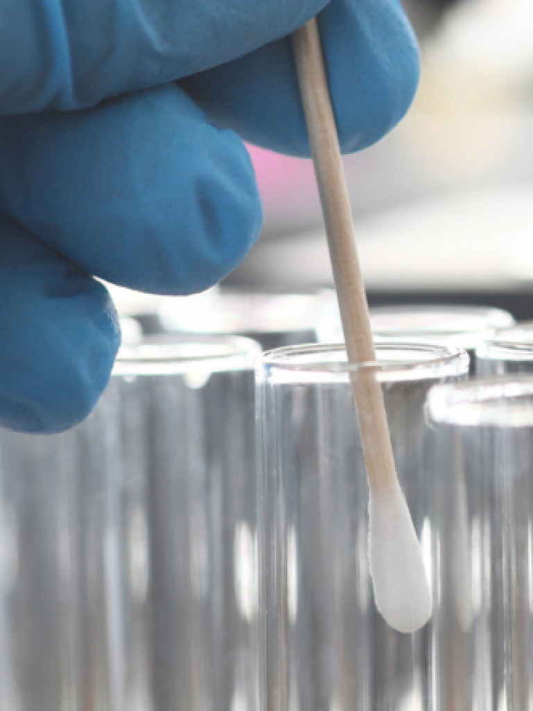 A close-up shot shows a hand in a blue latex glove holding a cotton swab, poised over a row of clear glass test tubes. The swab is white with a wooden stick, and the test tubes are empty and arranged neatly. The background is blurred, suggesting a laboratory or medical setting.