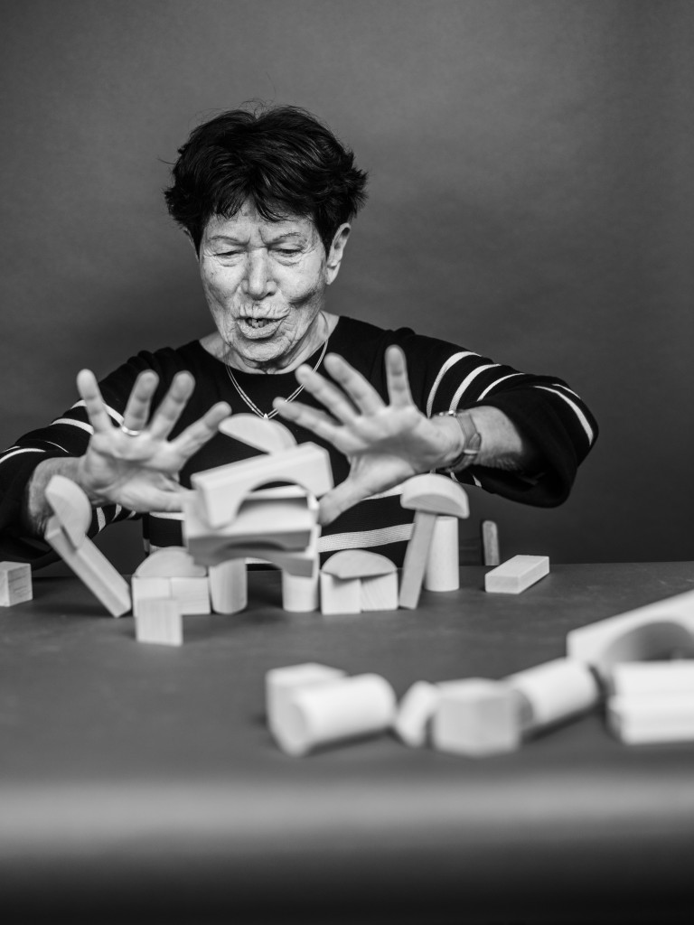 Image of Helga Nowotny with building blocks for Falling Walls' Shape the Future campaign