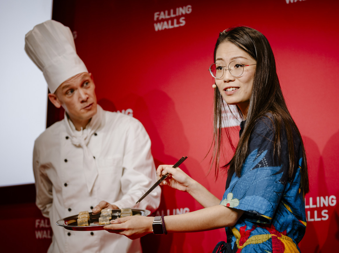 Science Breakthrough in the Art & Science Category Tiange Wang with the Data Wagashi on Stage at Science Summit 2024
