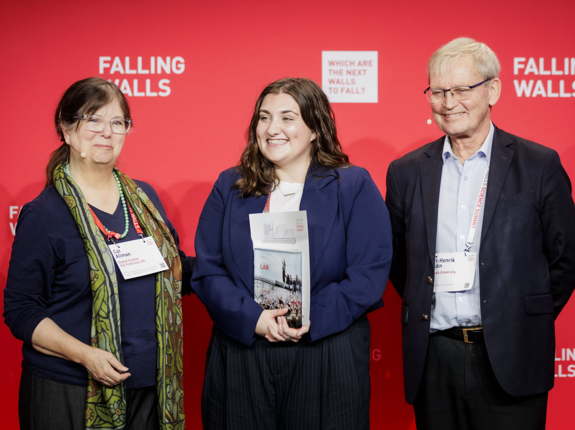 Science Breakthrough in the Emerging Talents category Constadina Rogers on stage with Jury Members Cat Allman an Carl Heldin
