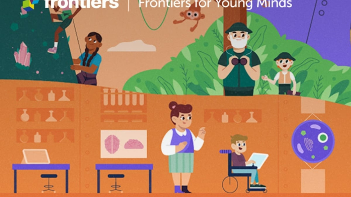 An illustration of kid and adult playing in mountain and classroom 